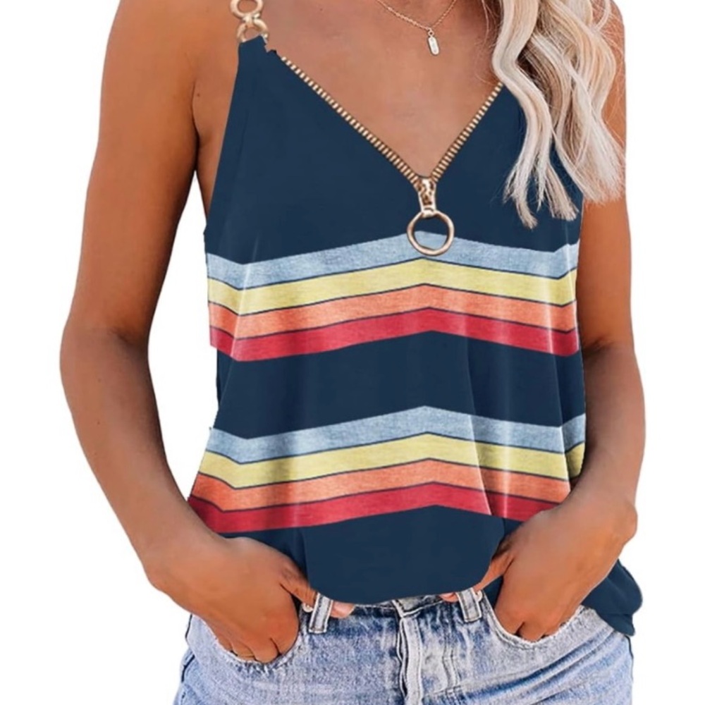Striped Navy Women's Top with Zipper Detail